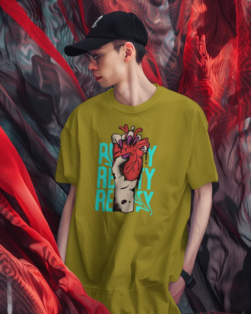 man wearing yellow tshirt mockup with red curtain flying in background