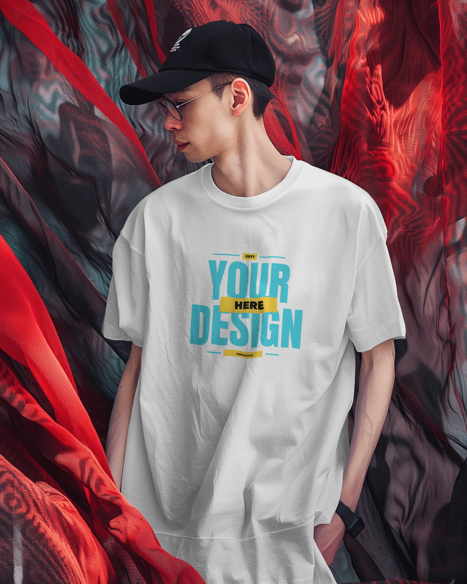 man wearing tshirt mockup with red curtain flying in background