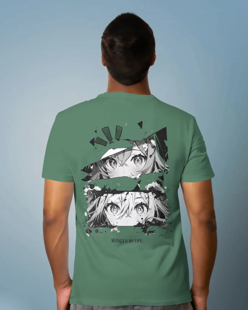 back view of brown person wearing tshirt mockup looking up