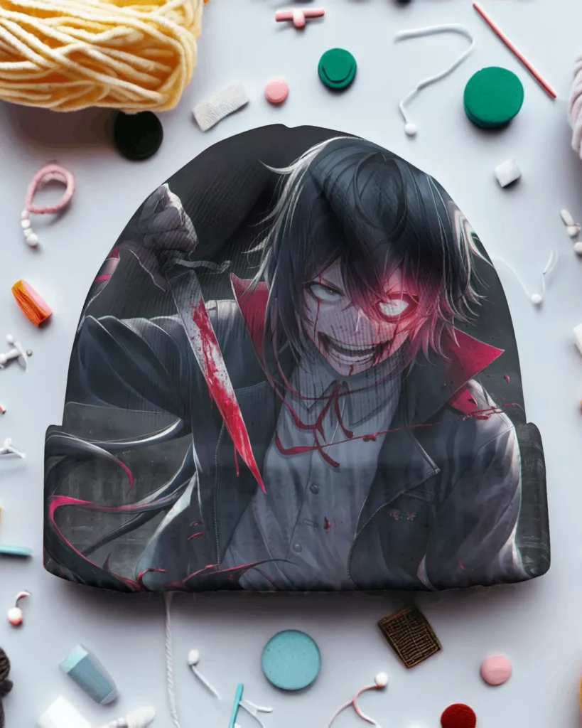 beanie mockup on-table-flatlay with stitching-materials-in-background 