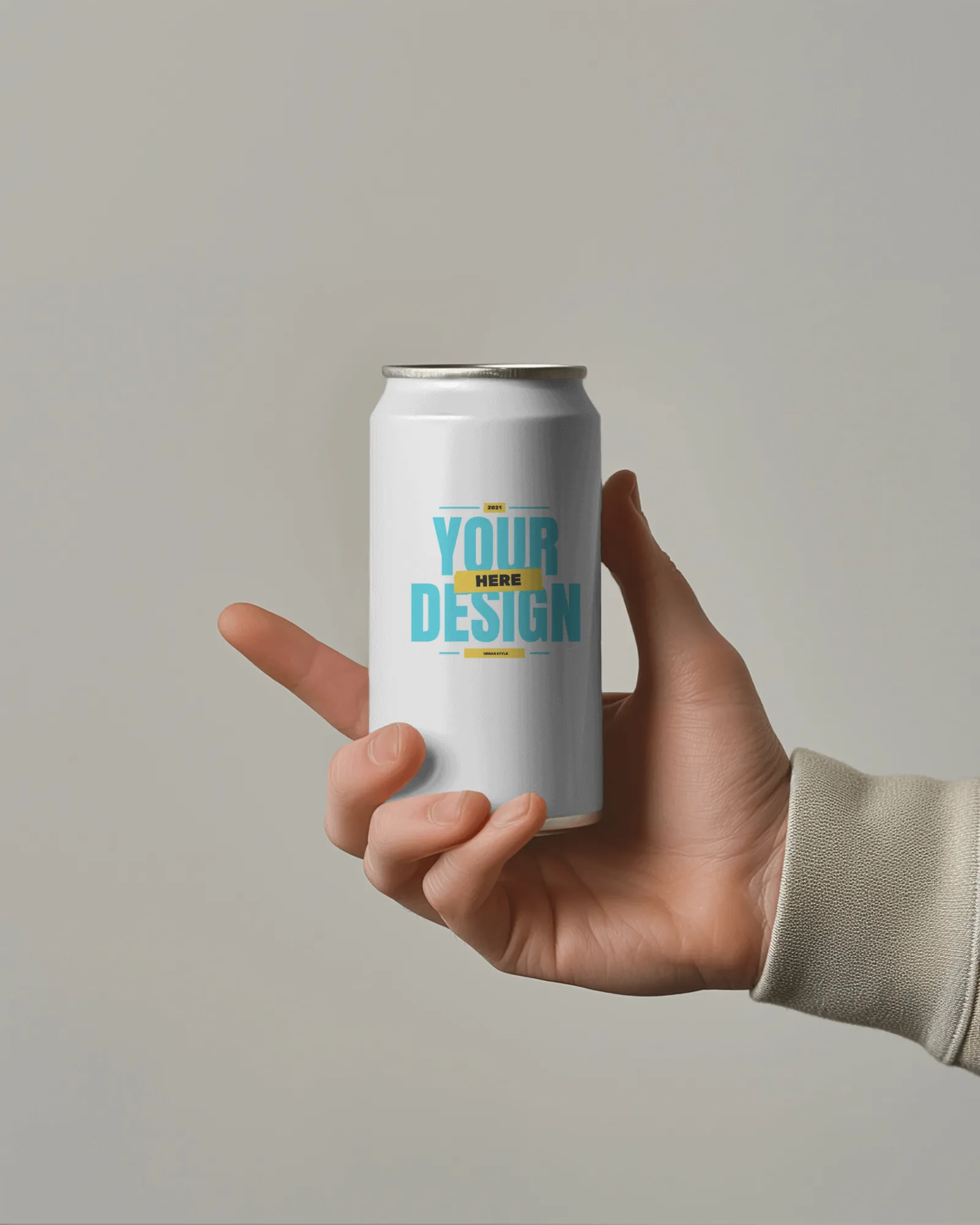 can mockup in hand having index finger pointing outside