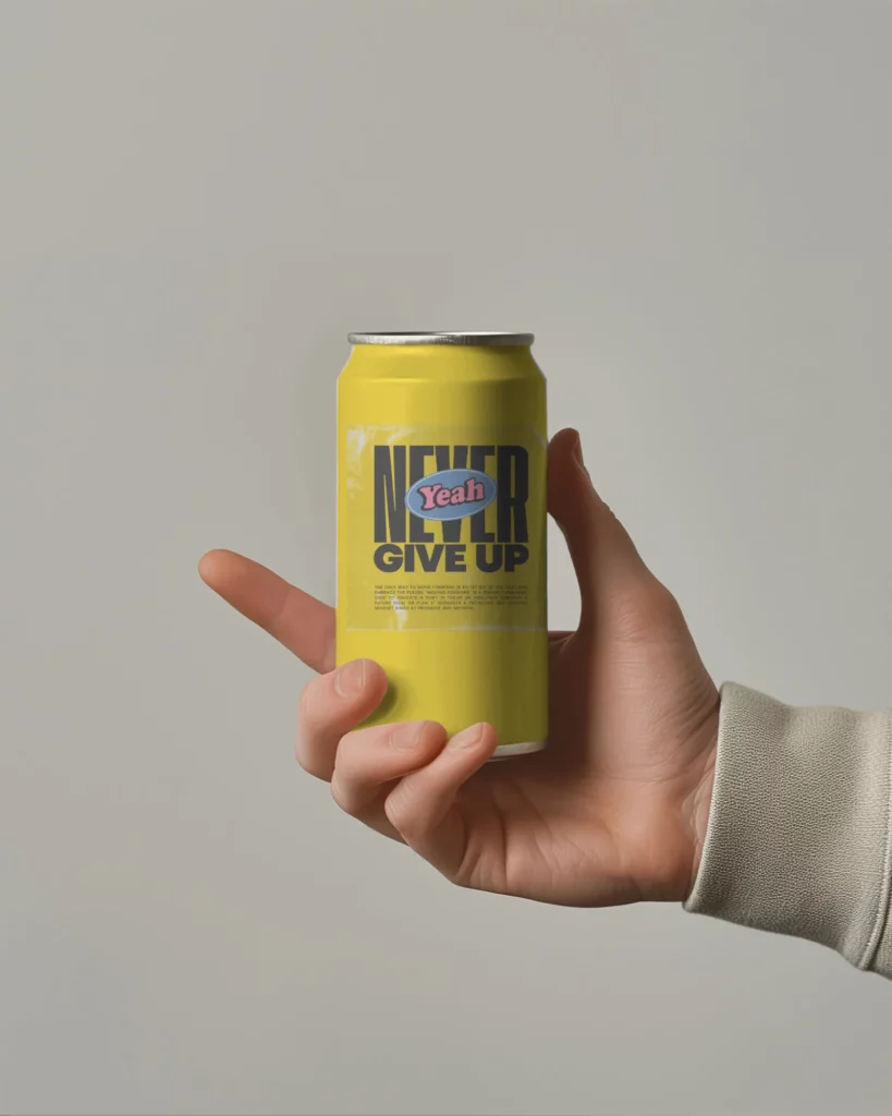 can mockup in hand having index finger pointing outside