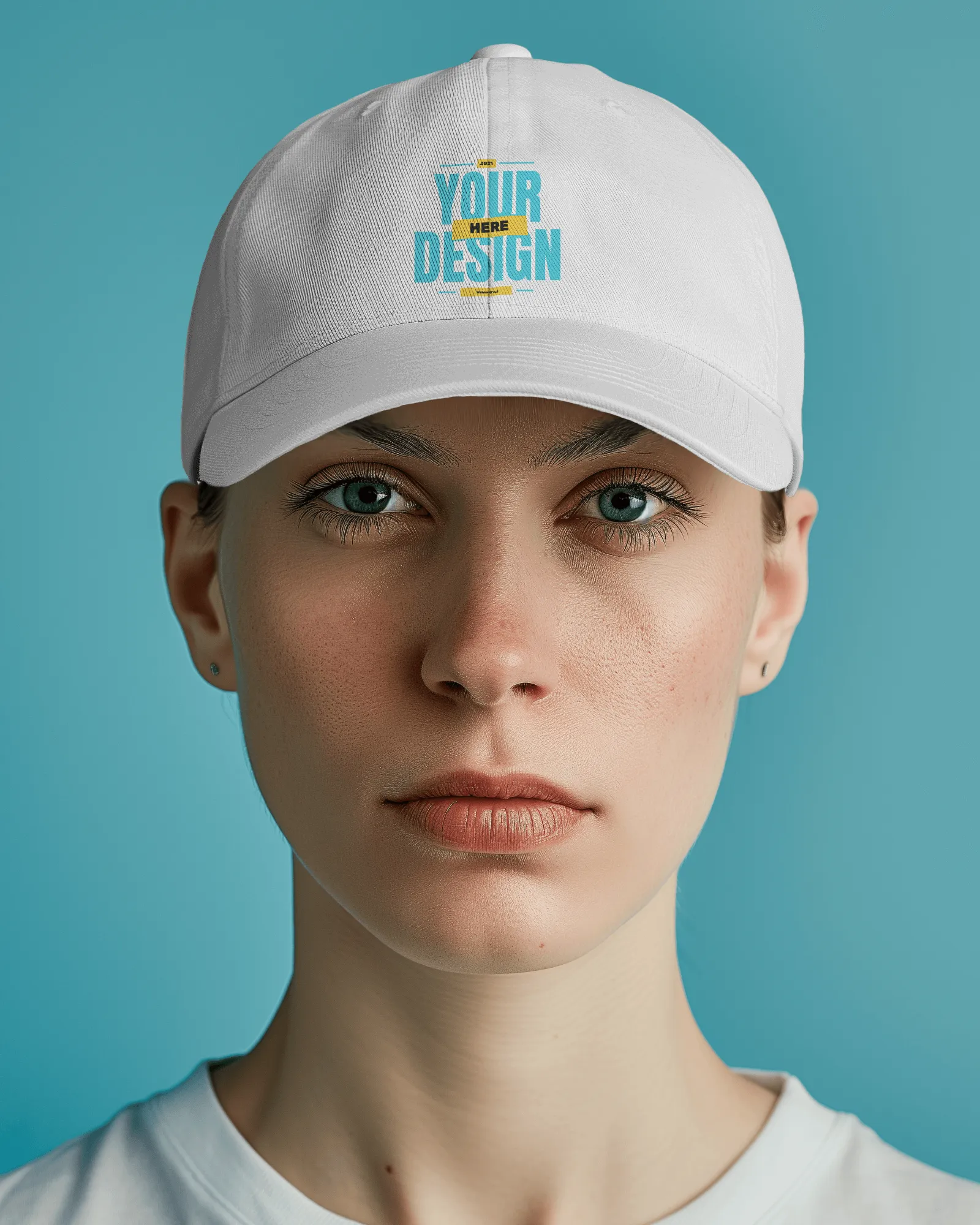 cap mockup on person head standing in front of blue screen 