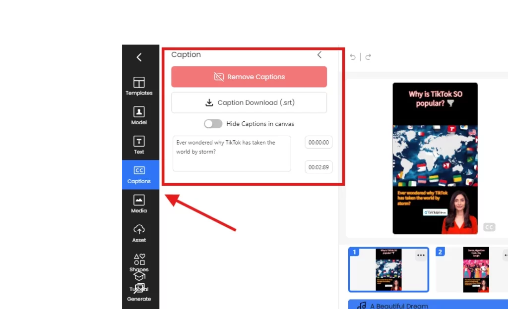 captions tab