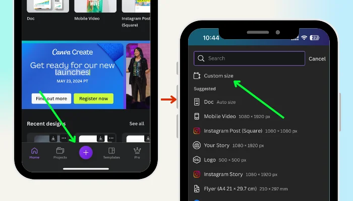 click + button and tap custom size - how to make a collage on iphone for wallpaper
