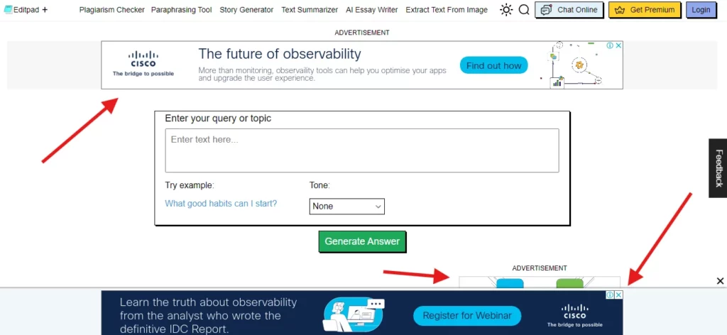 editpad ai answer generator page contain ads