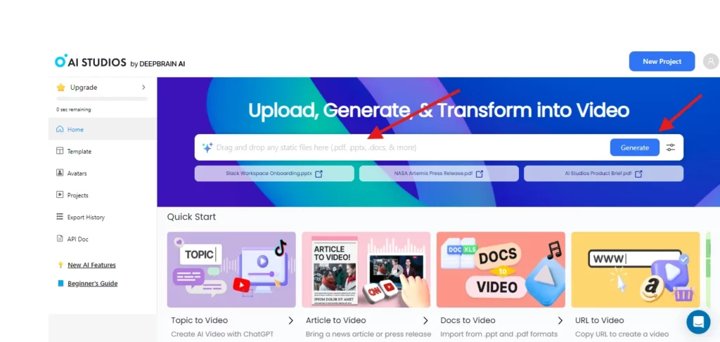 enter prompt and click generate in ai studio of deepbrain