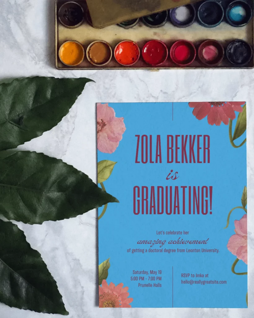 flatlay greeting card mockup with leaf and colors on table 