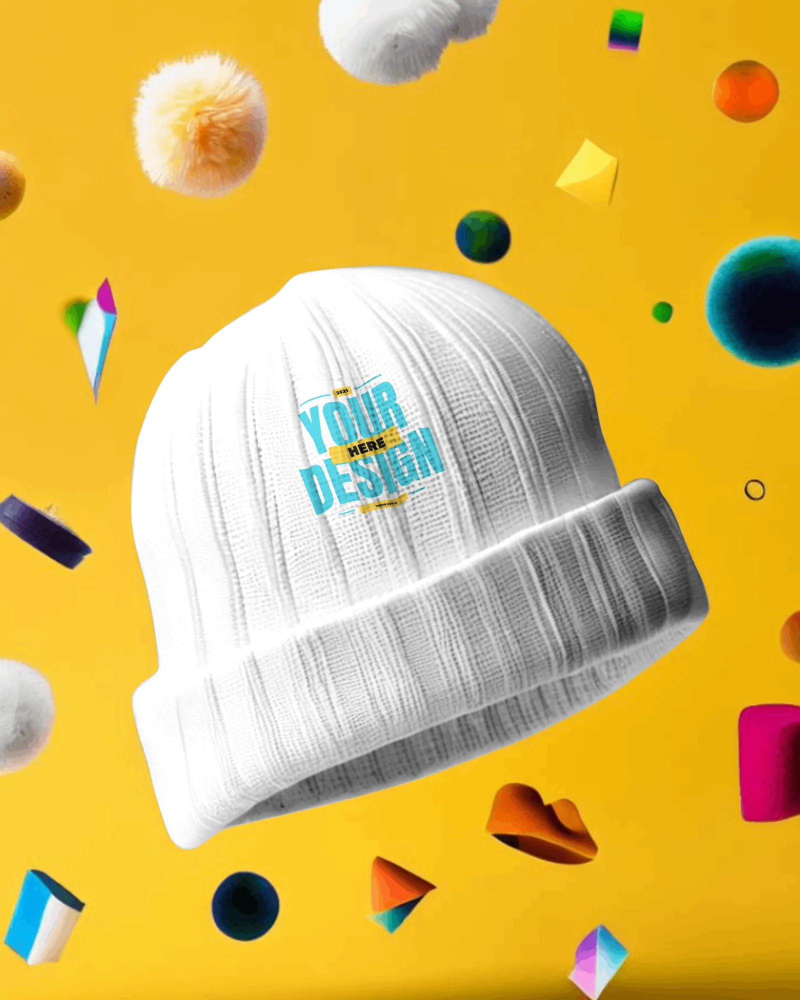 flying beanie mockup with abstract elements in the background 