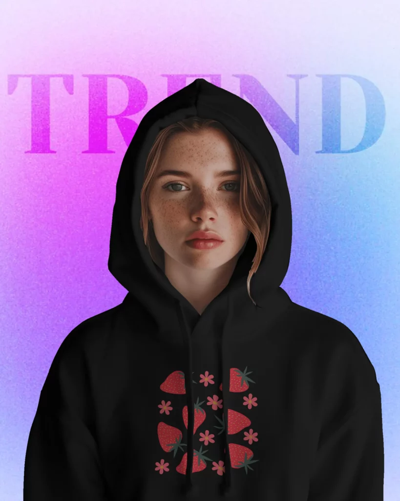 girl wearing hoodie mockup in front of brown screen