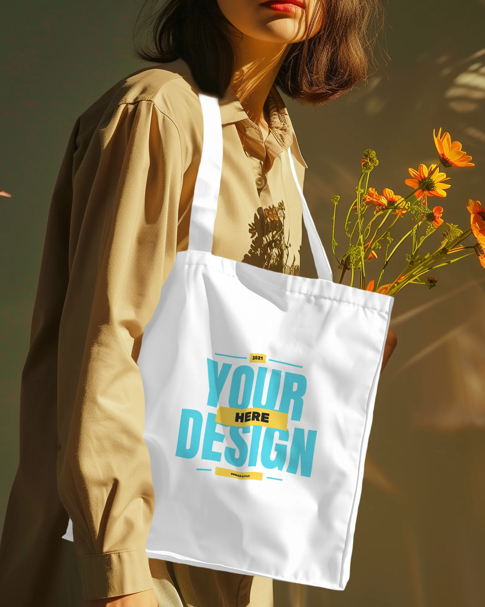 girl with flowers wearing tote bag mockup in neck scene