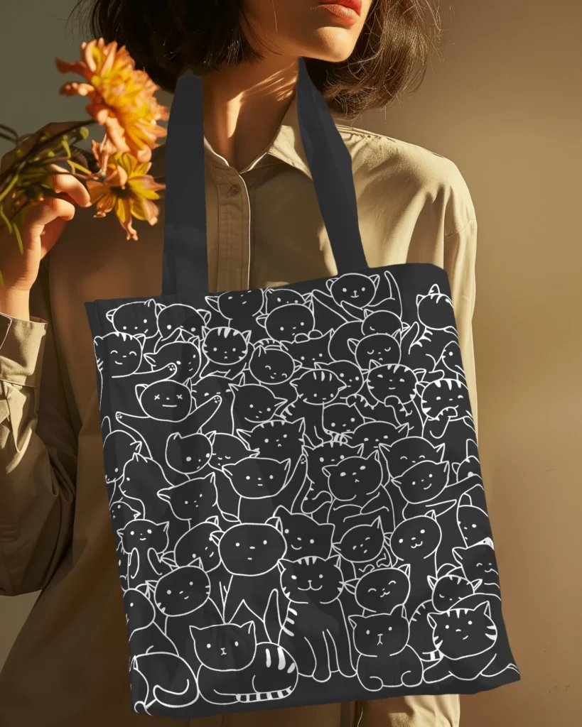 girl with flowers wearing  black tote bag mockup design in neck scene