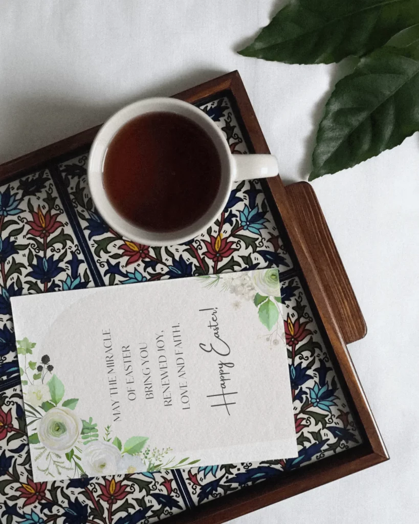 greeting card mockup on a tray beside coffee 
