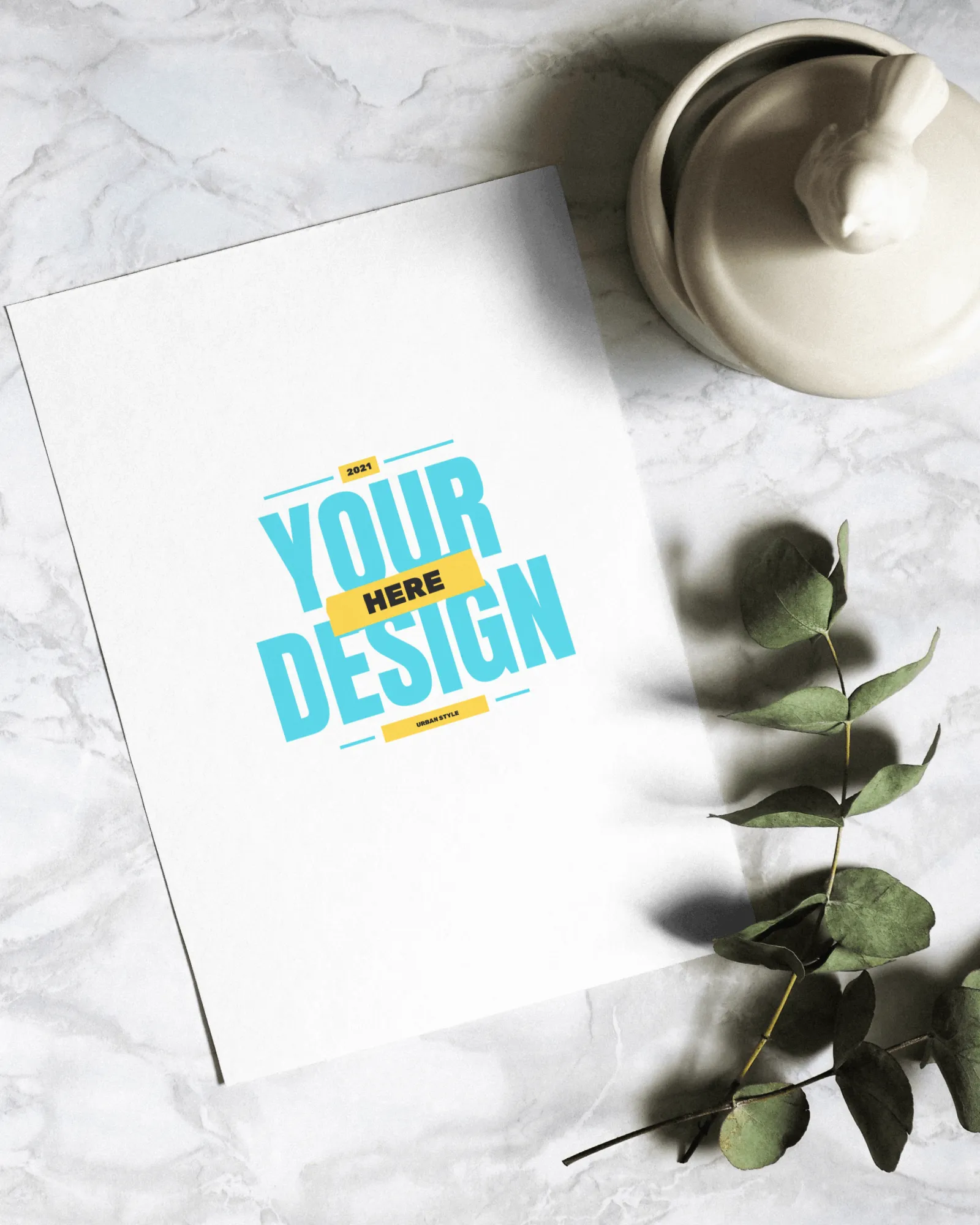 greeting card mockup with leaf and kettle