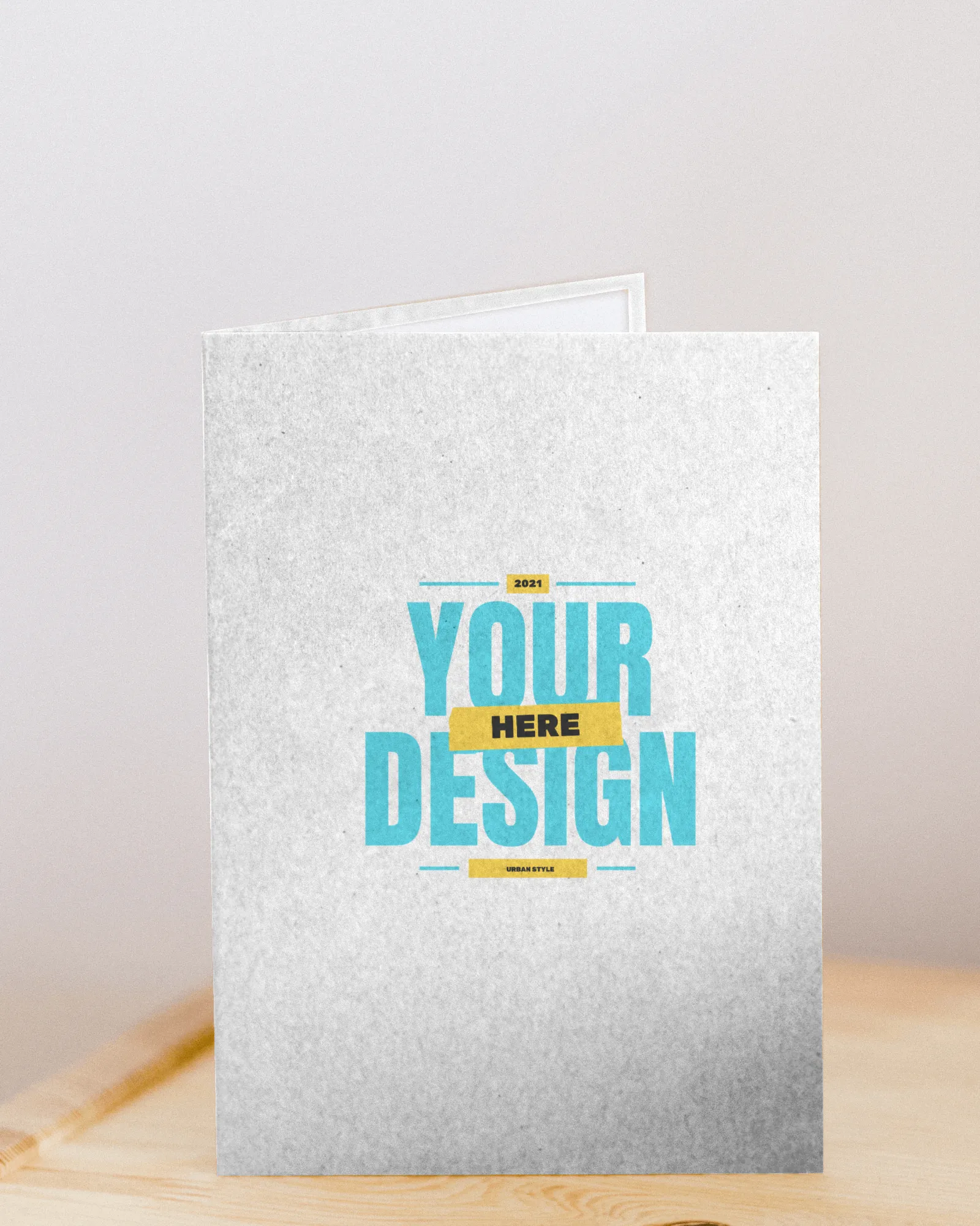half folded greeting card mockup on table