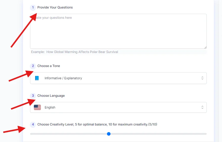 input question, tone, language, creativity level in aifreebox