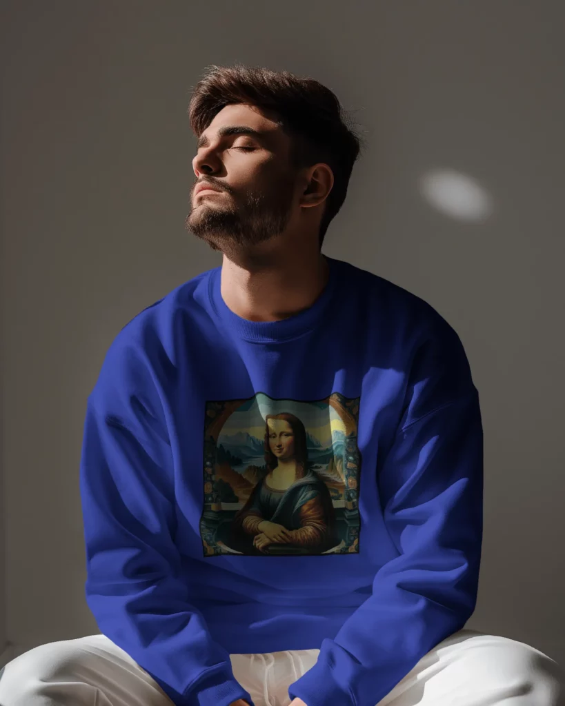man wearing sweatshirt mockup in sunlight with eyes closed