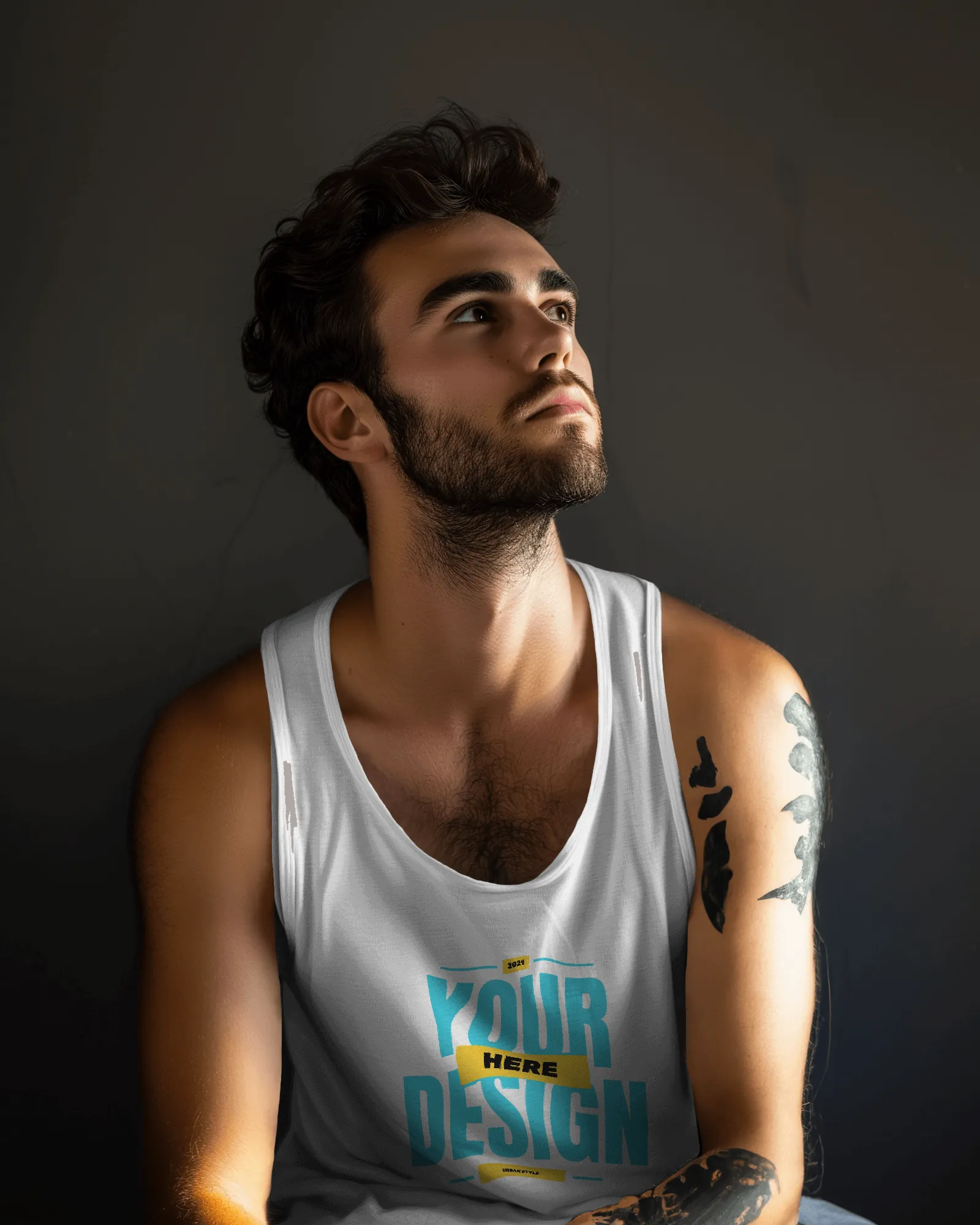 man wearing tanktop mockup looking up