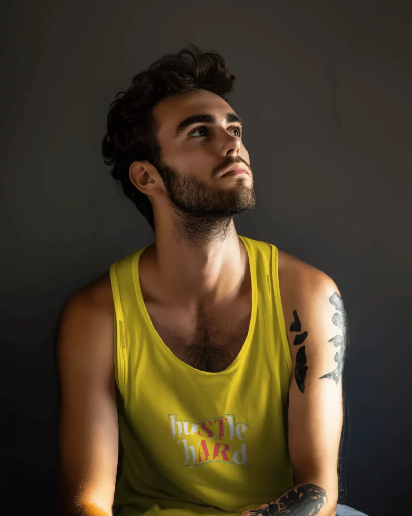 man wearing yellow tanktop mockup looking up