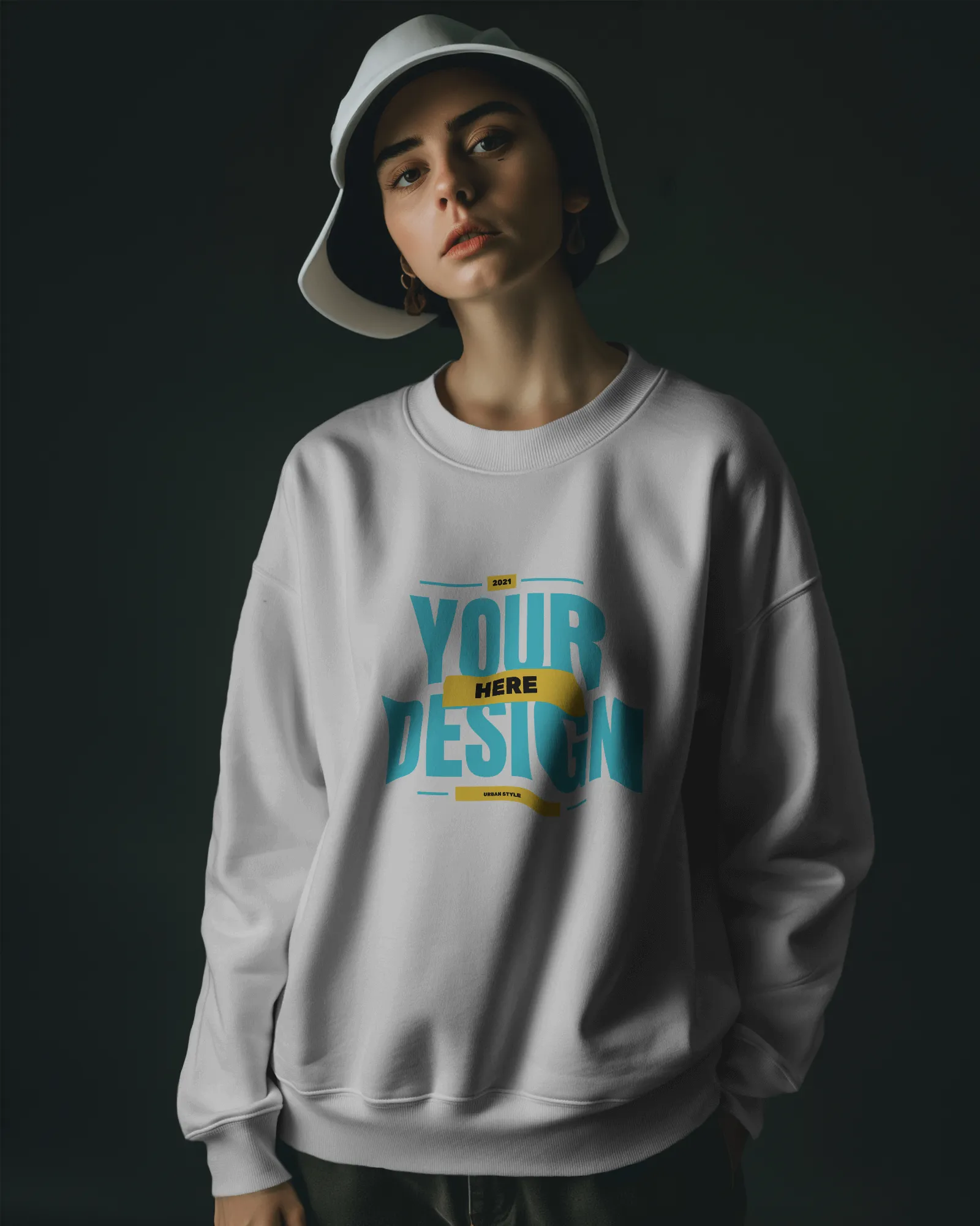 model wearing sweatshirt mockup in dark setting for a photoshoot 