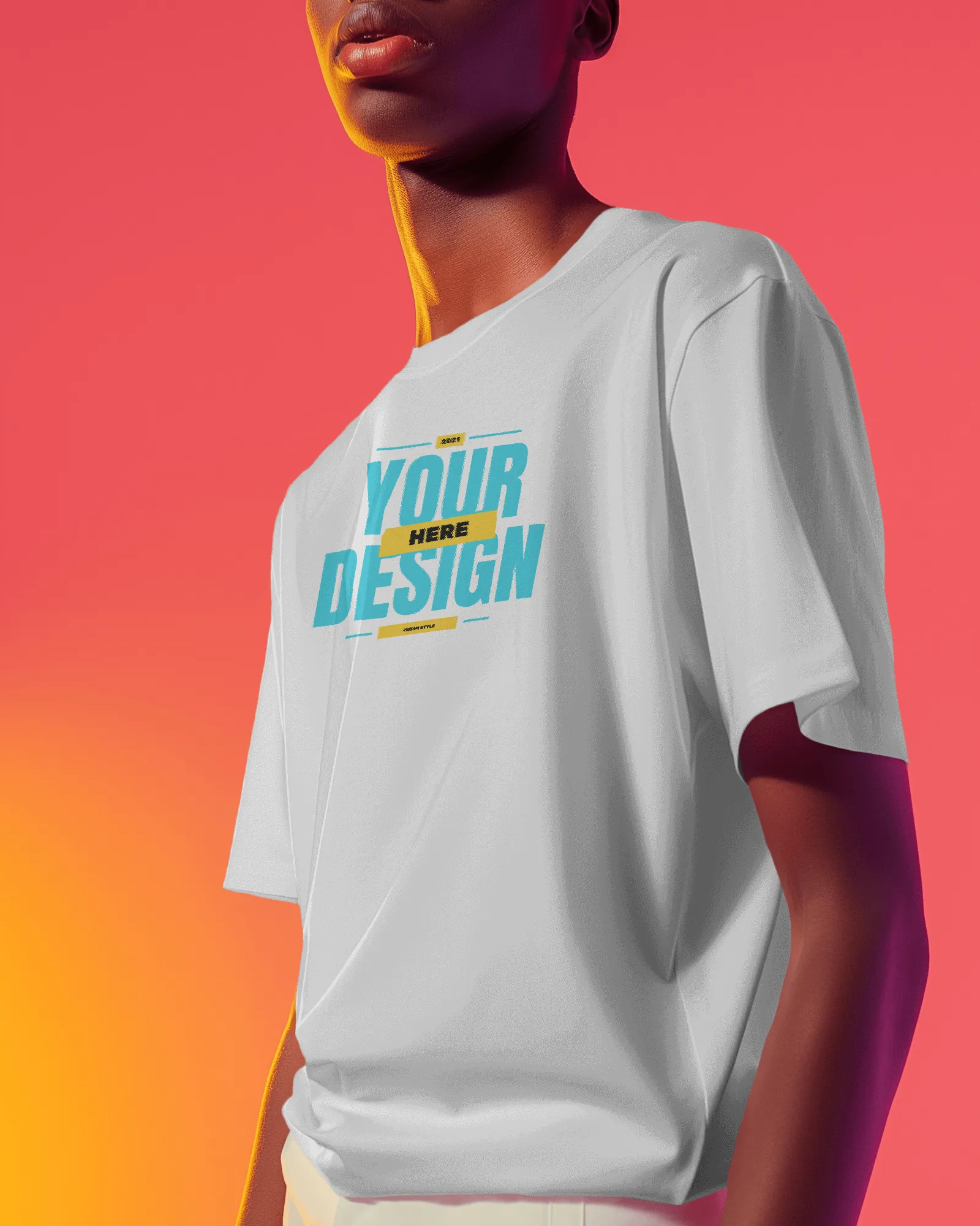 model wearing tshirt mockup in a vibrant surrounding scene