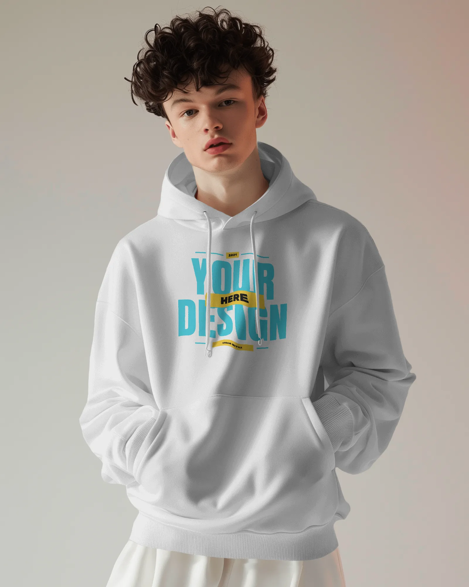 model with curly hair wearing hoodie mockup in neutral studio background scene