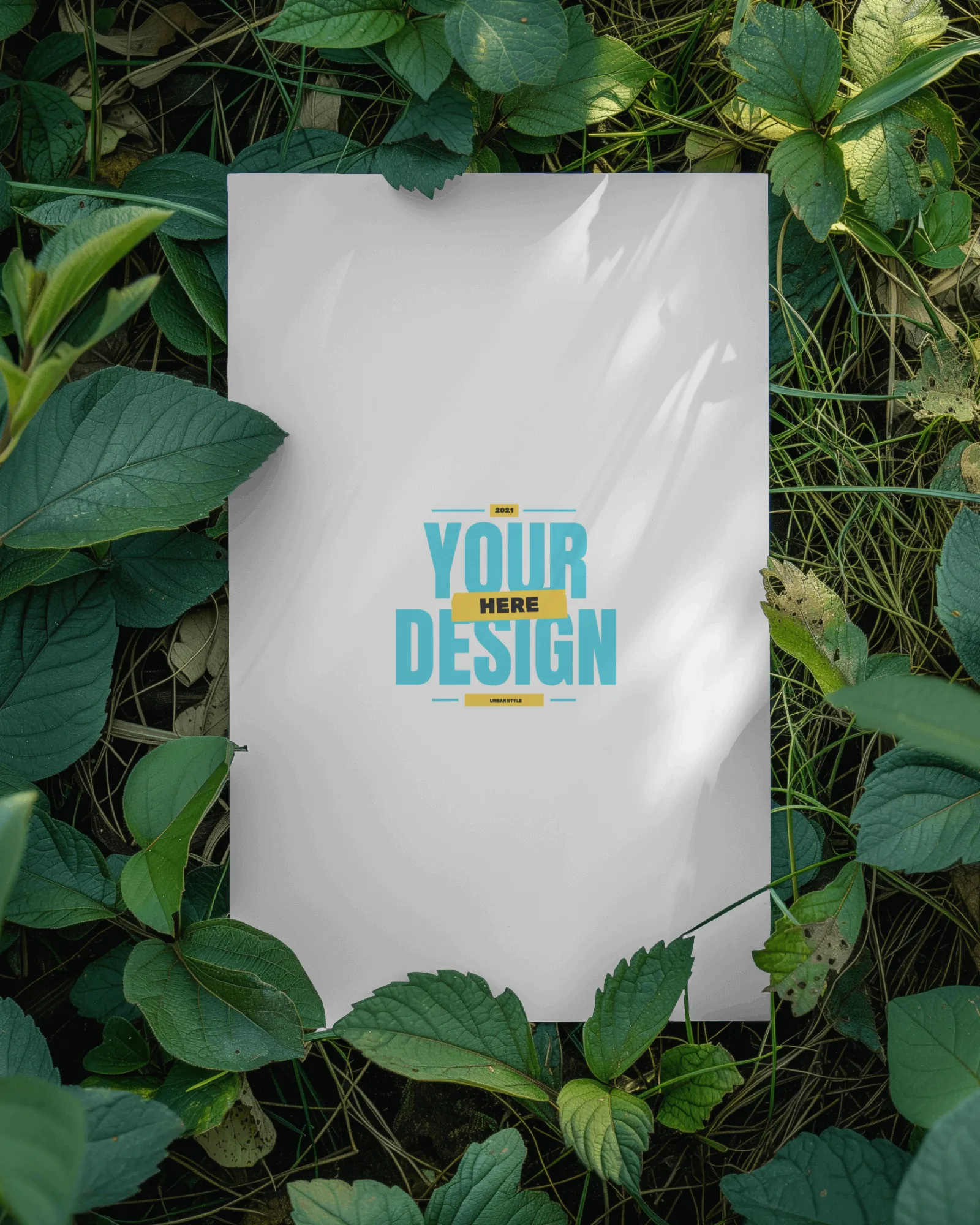 poster mockup in a garden with leaves coming on top of it