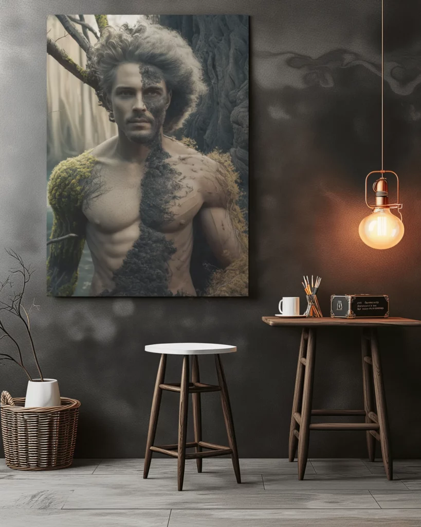 poster mockup on black wall with table and stool in room 