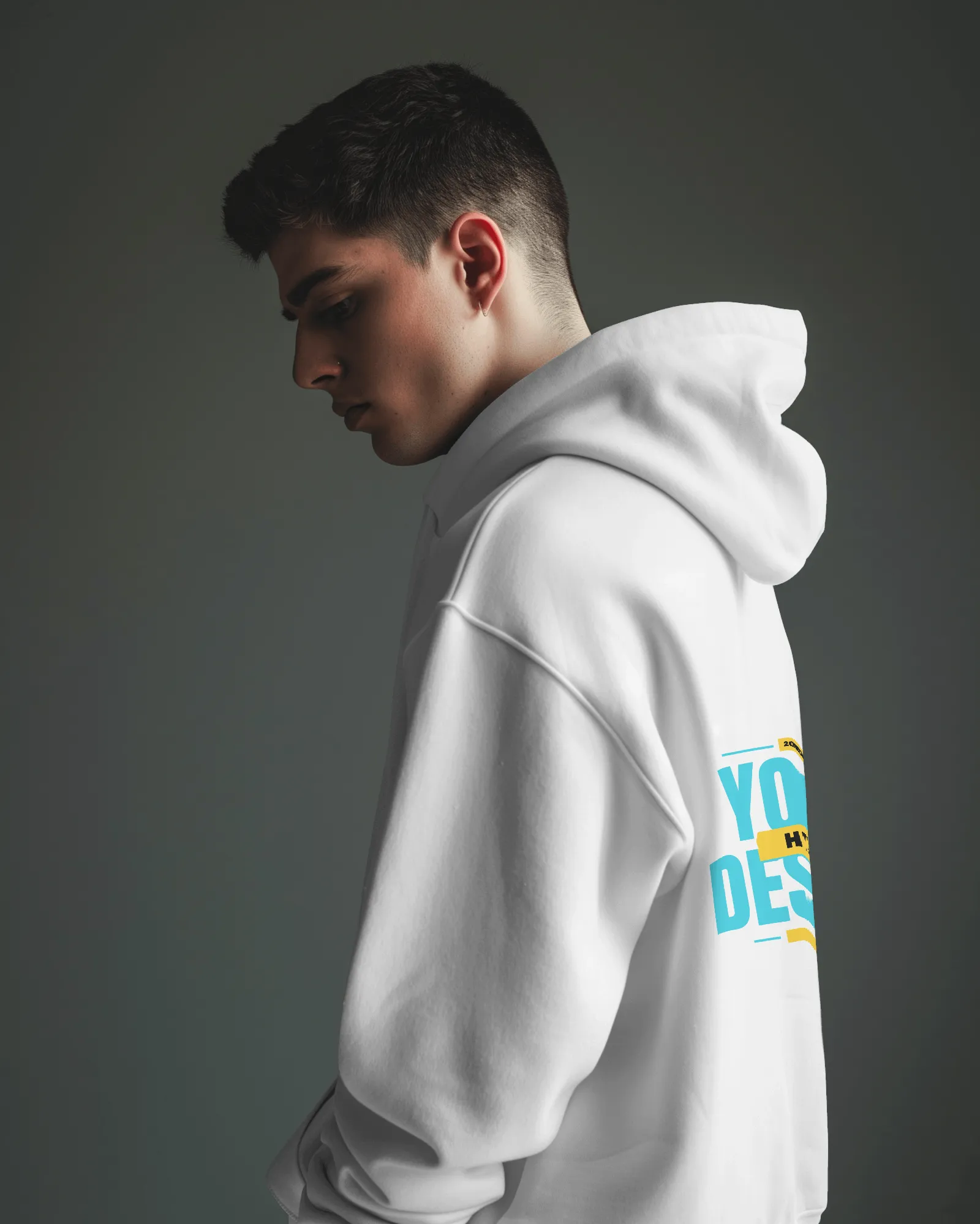 side view of male model wearing hoodie mockup
