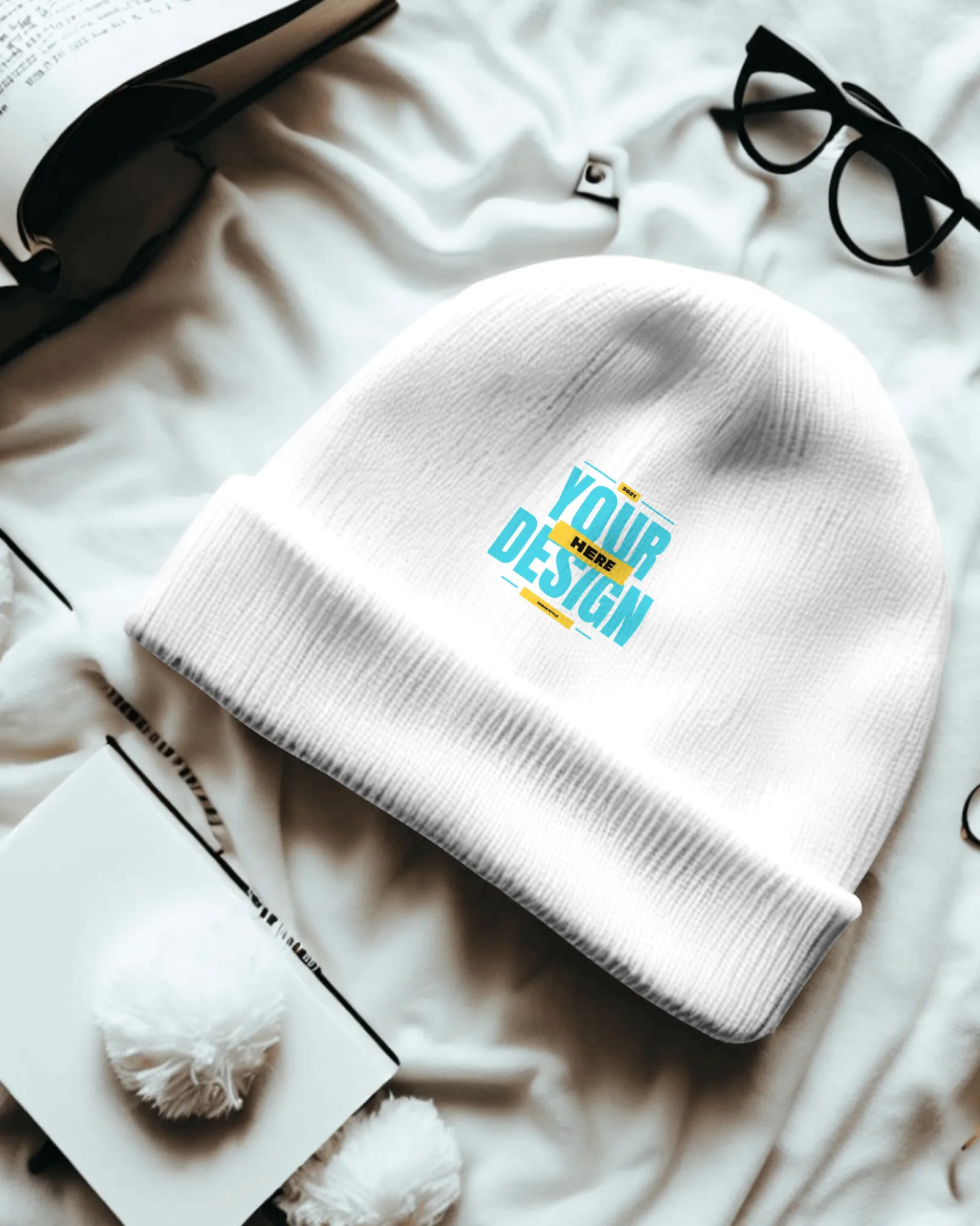 small beanie mockup on cloth sheet  