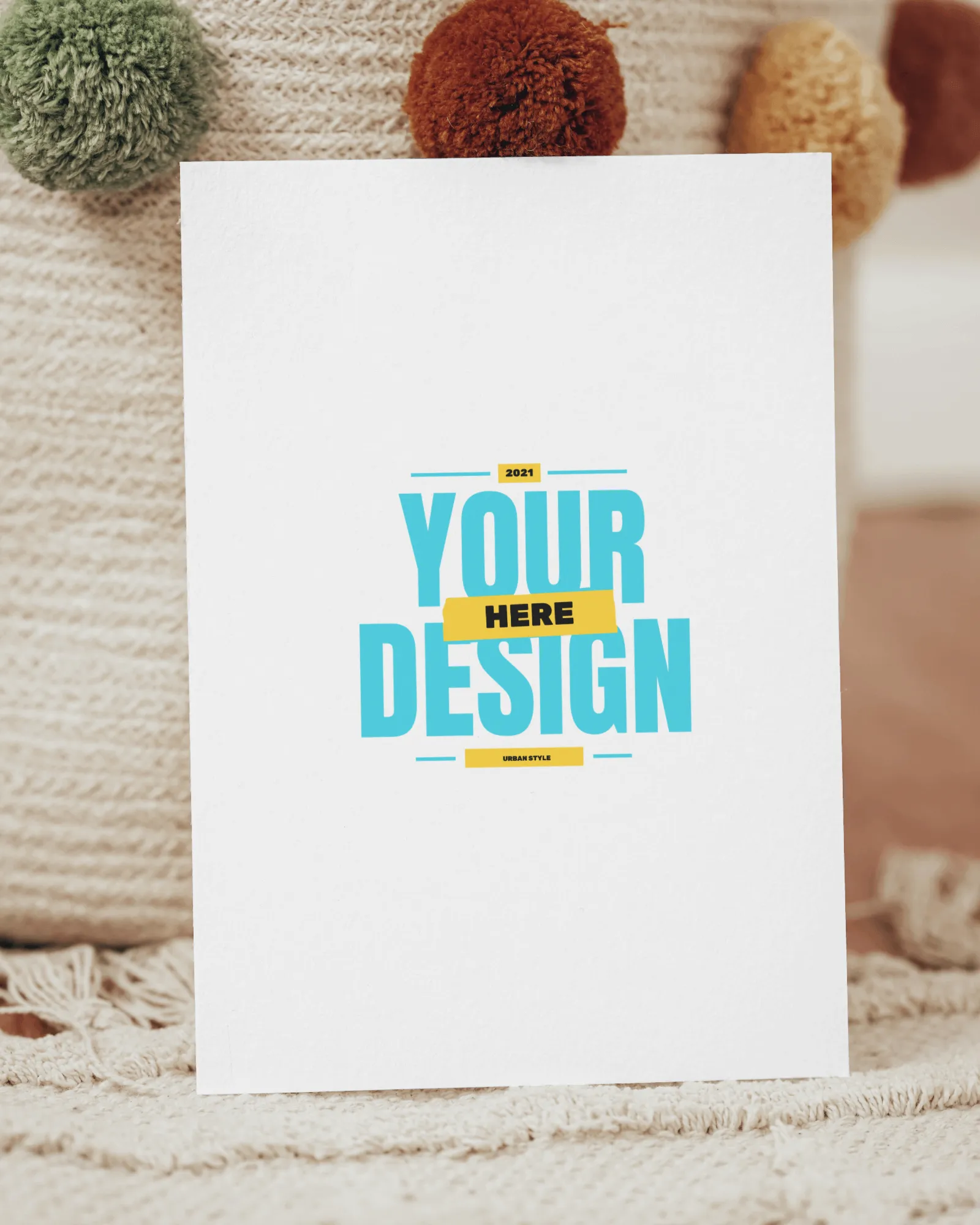 standing greeting card mockup on sofa