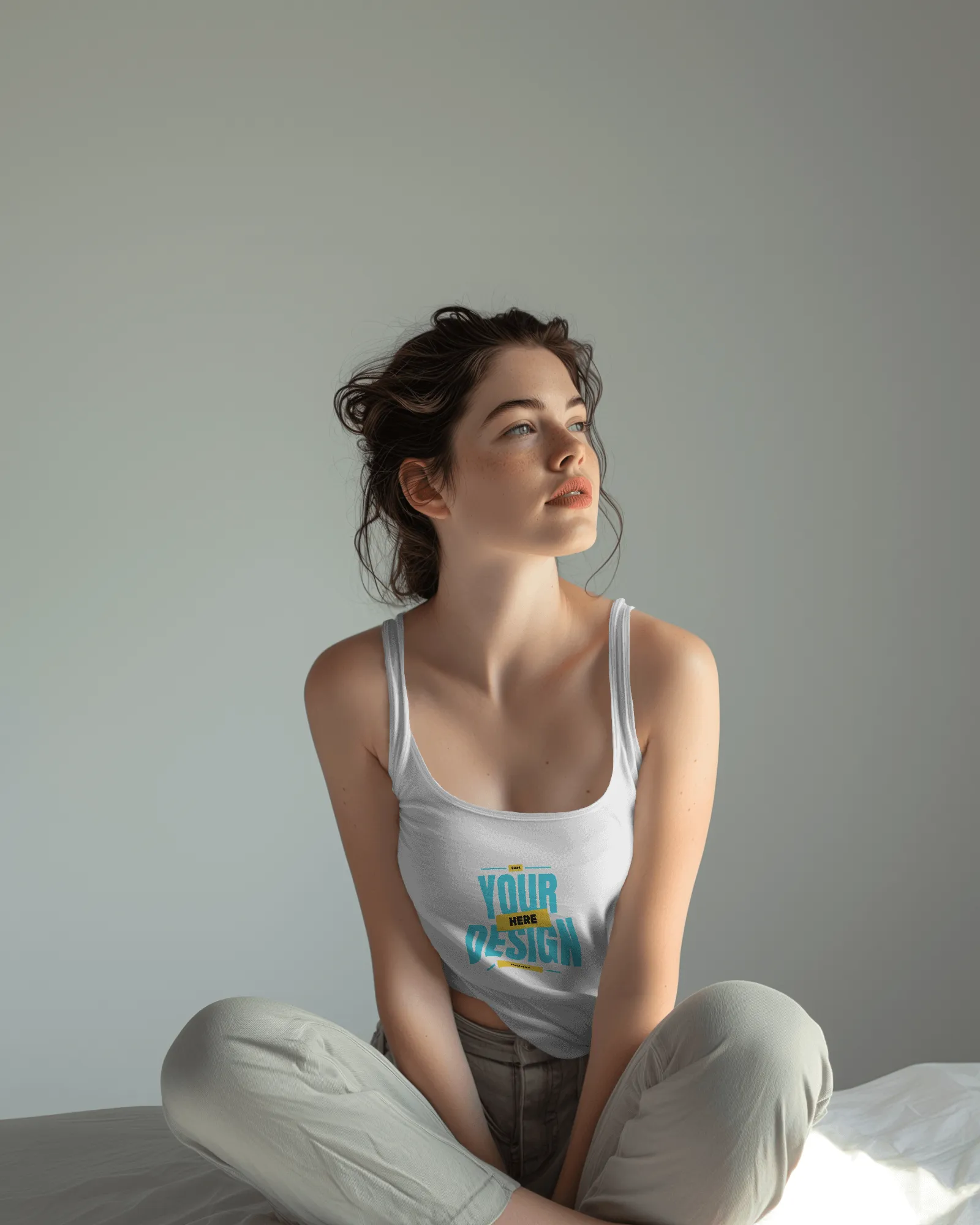 white girl posing in tanktop mockup