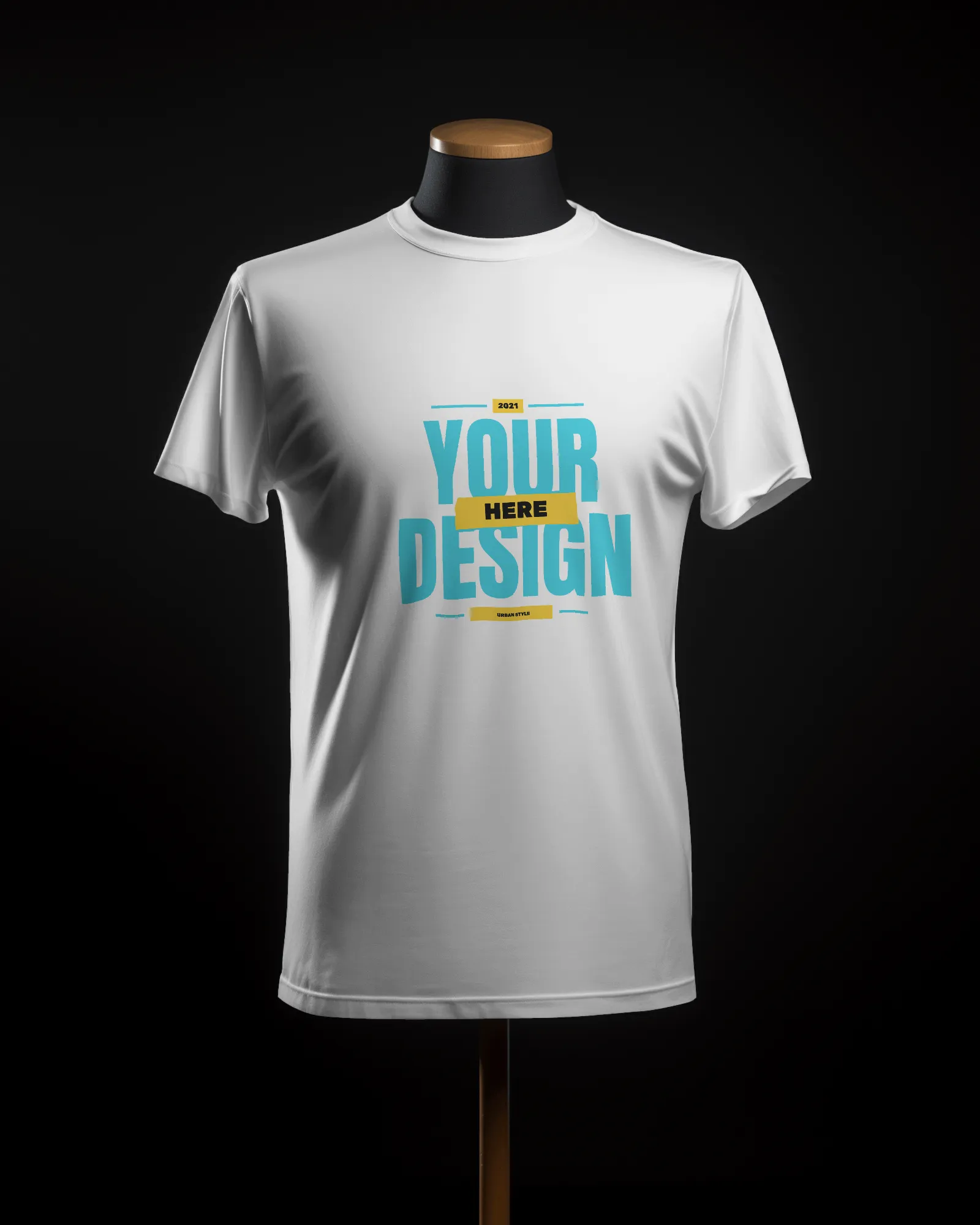 white t shirt on a headless mannequin in front of black screen
