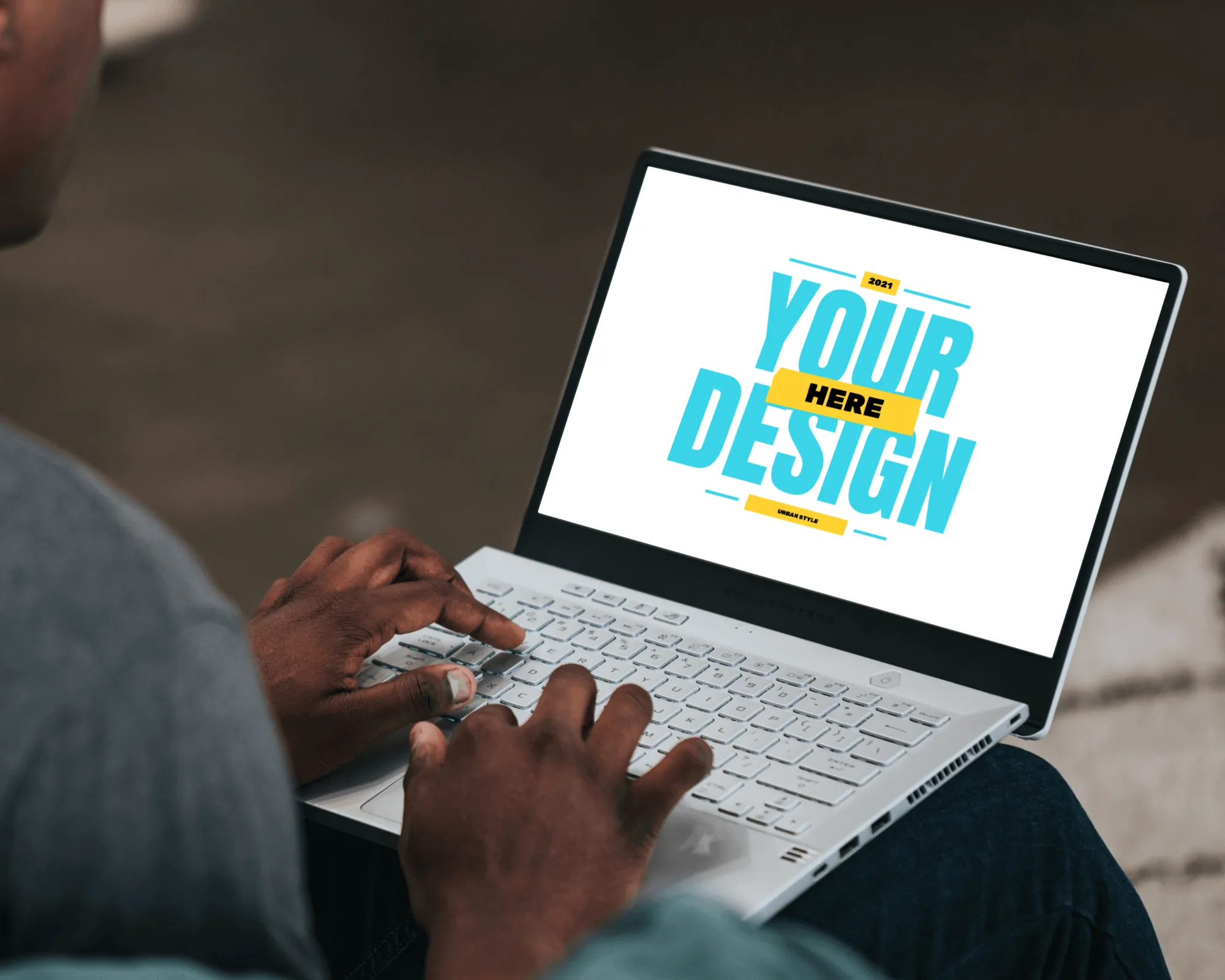 PC Mockup Template of Woman Using Laptop at Coffee Break