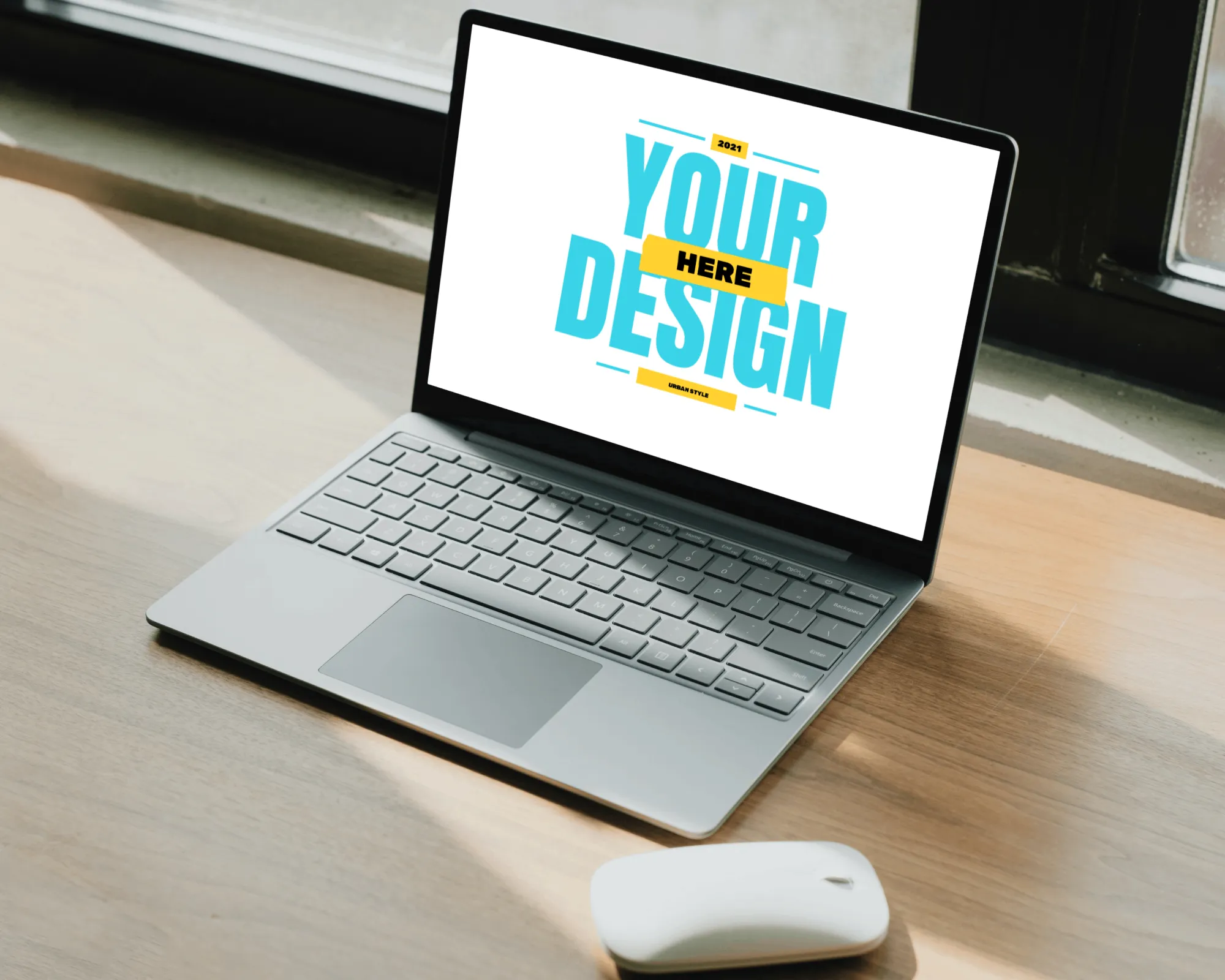 render mockup of a black laptop standing on a table