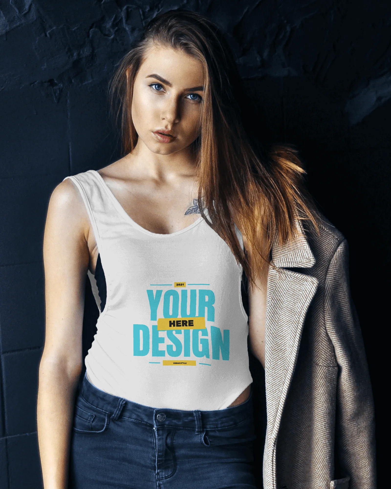 front view of women wearing white tanktop mockup