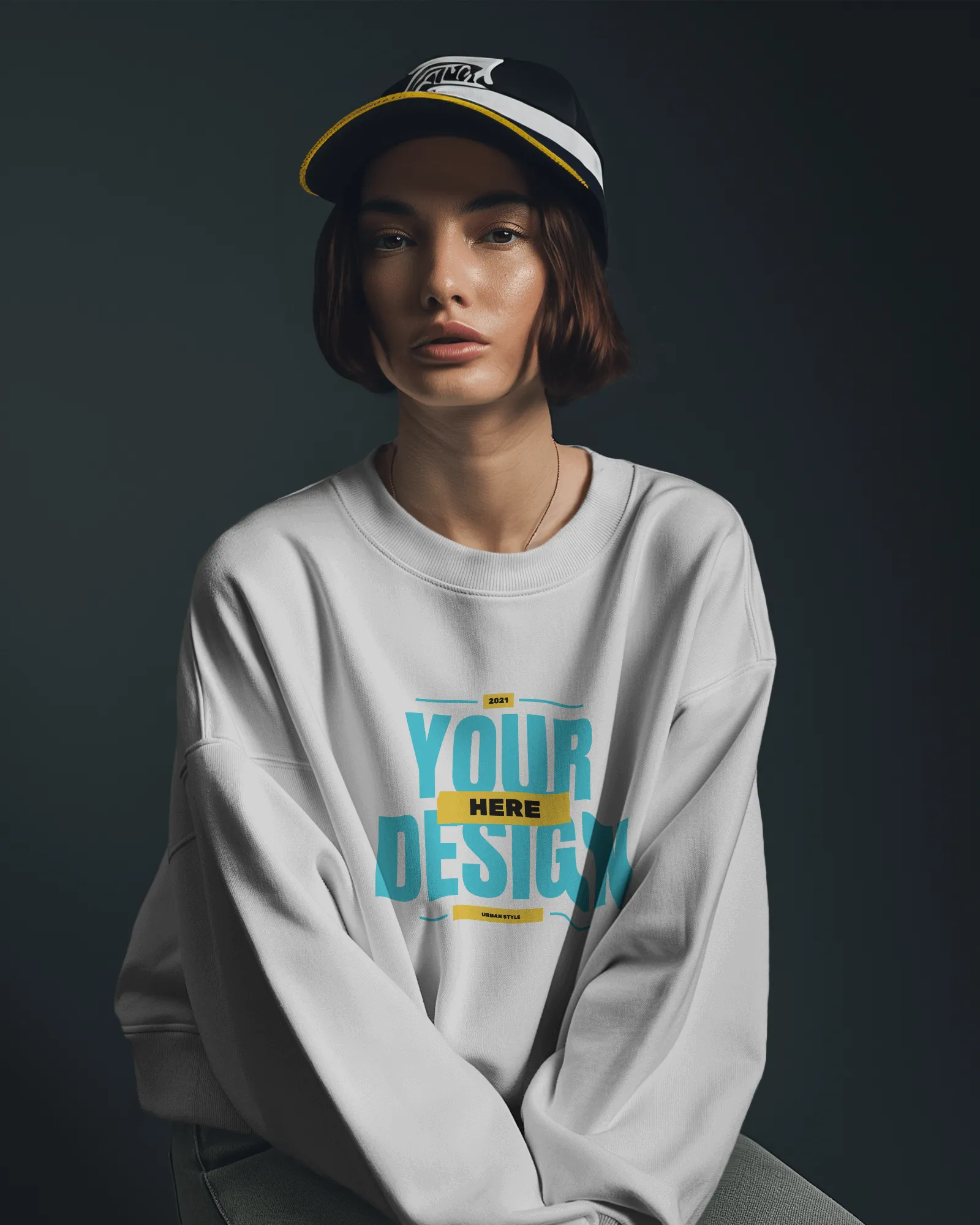 woman with short hair wearing sweatshirt mockup and cap