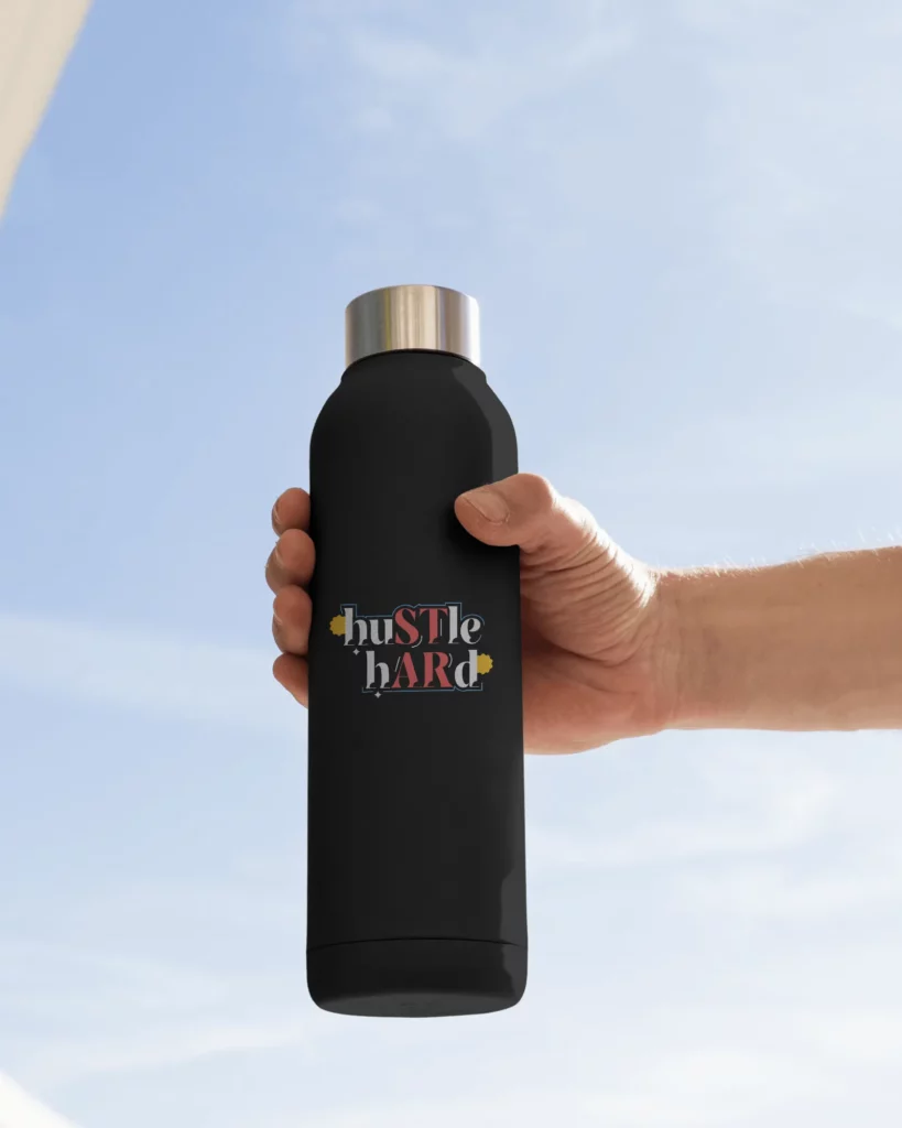 a man hold black water bottle mockup