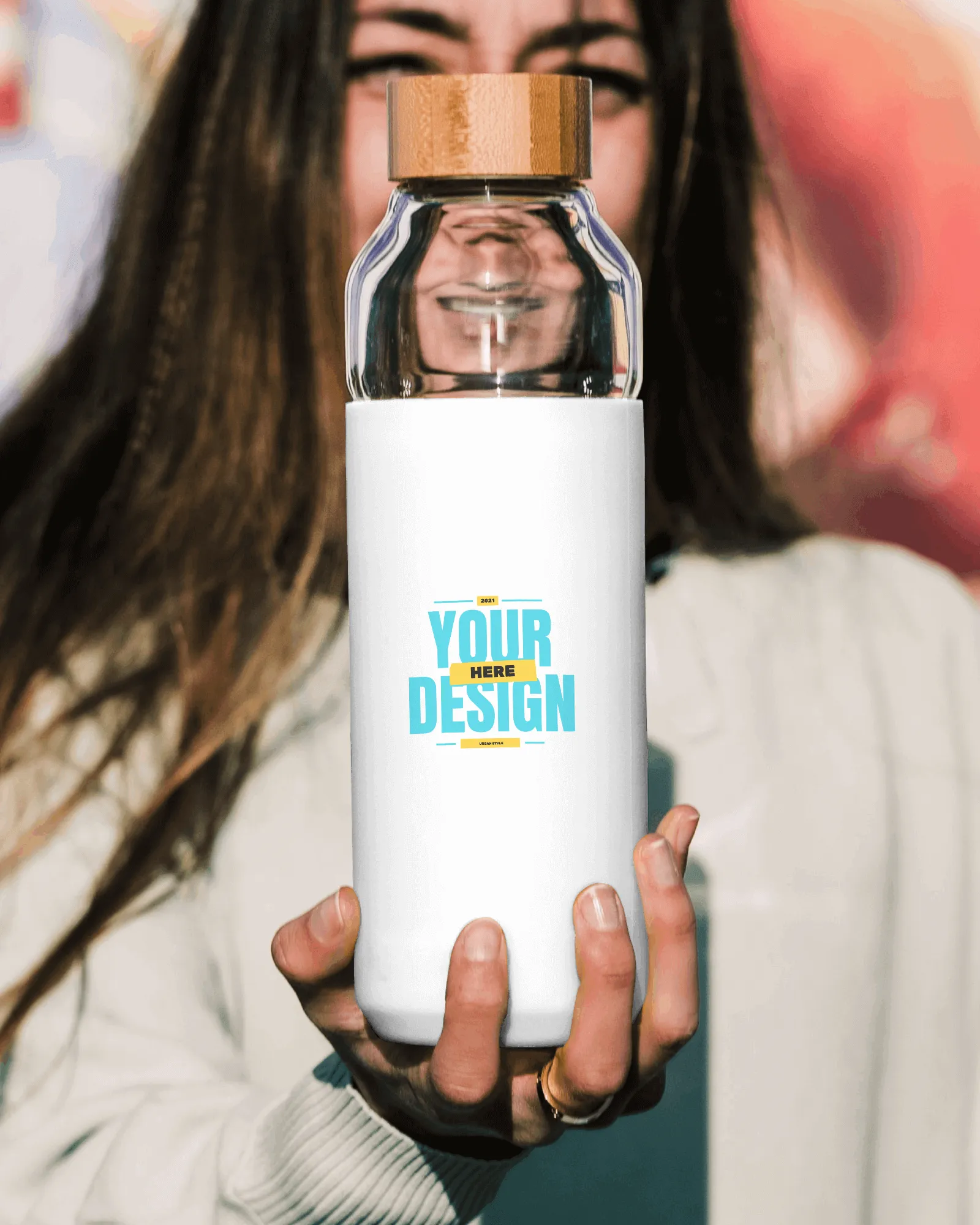 a women holding white bottle mockup