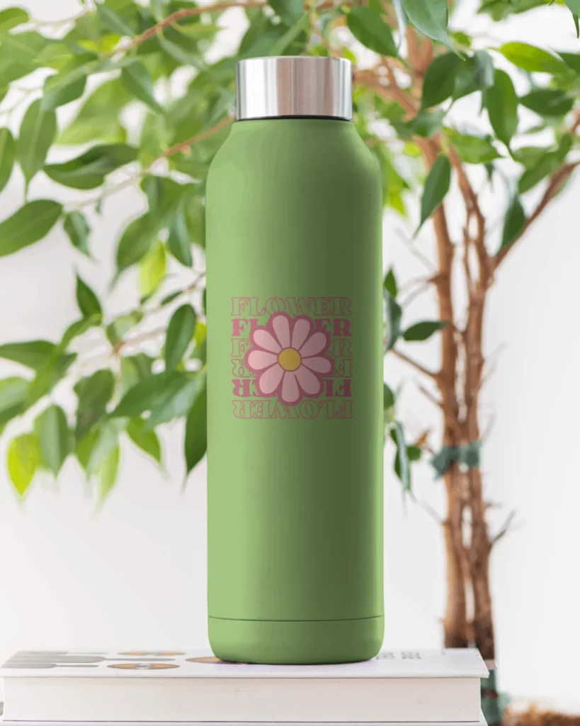 green bottle mockup stand on a table