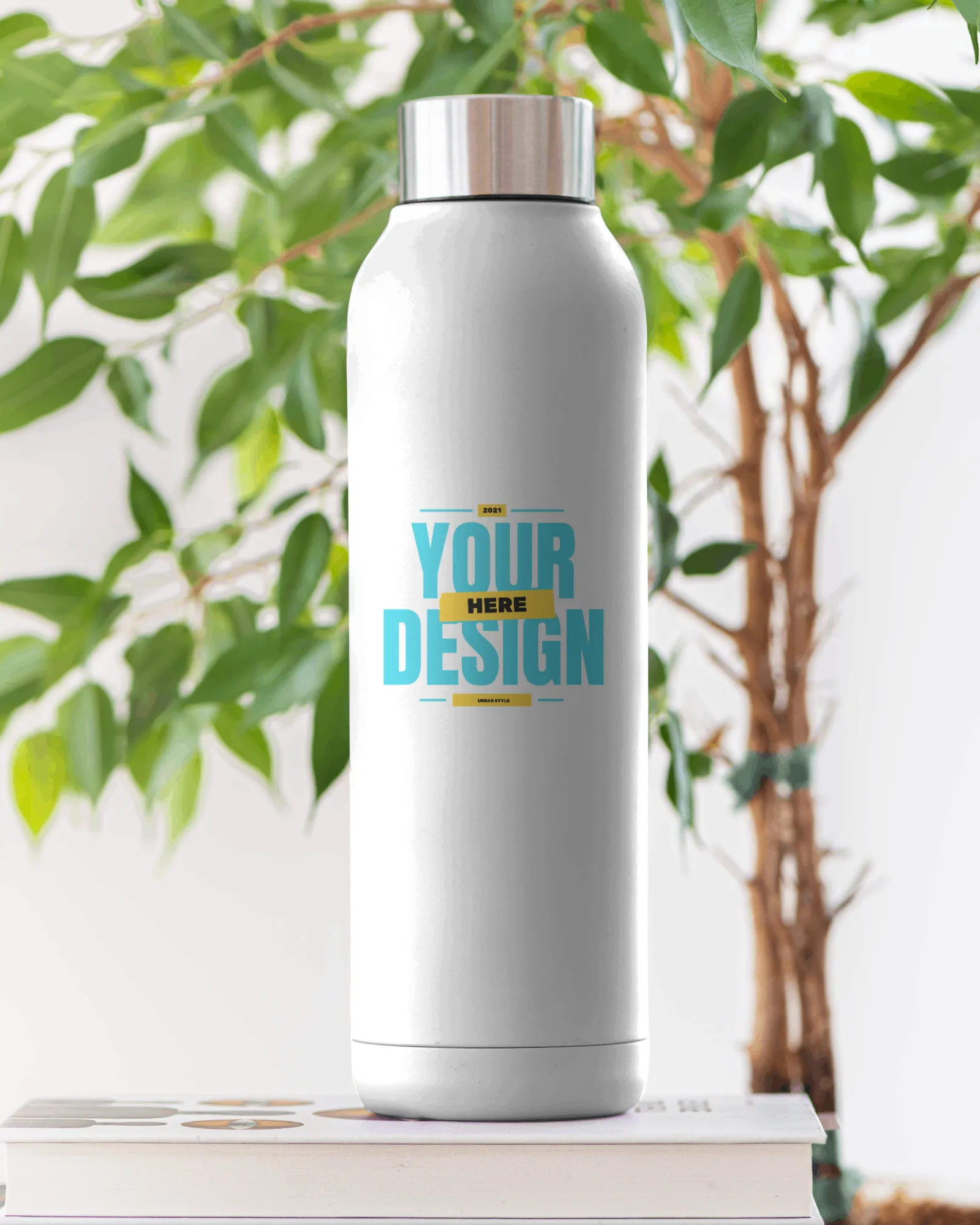 white bottle mockup stand on a table