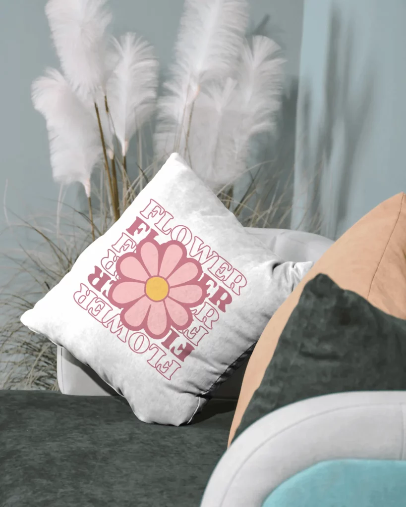 cushion mockup stands in the corner of the bed.