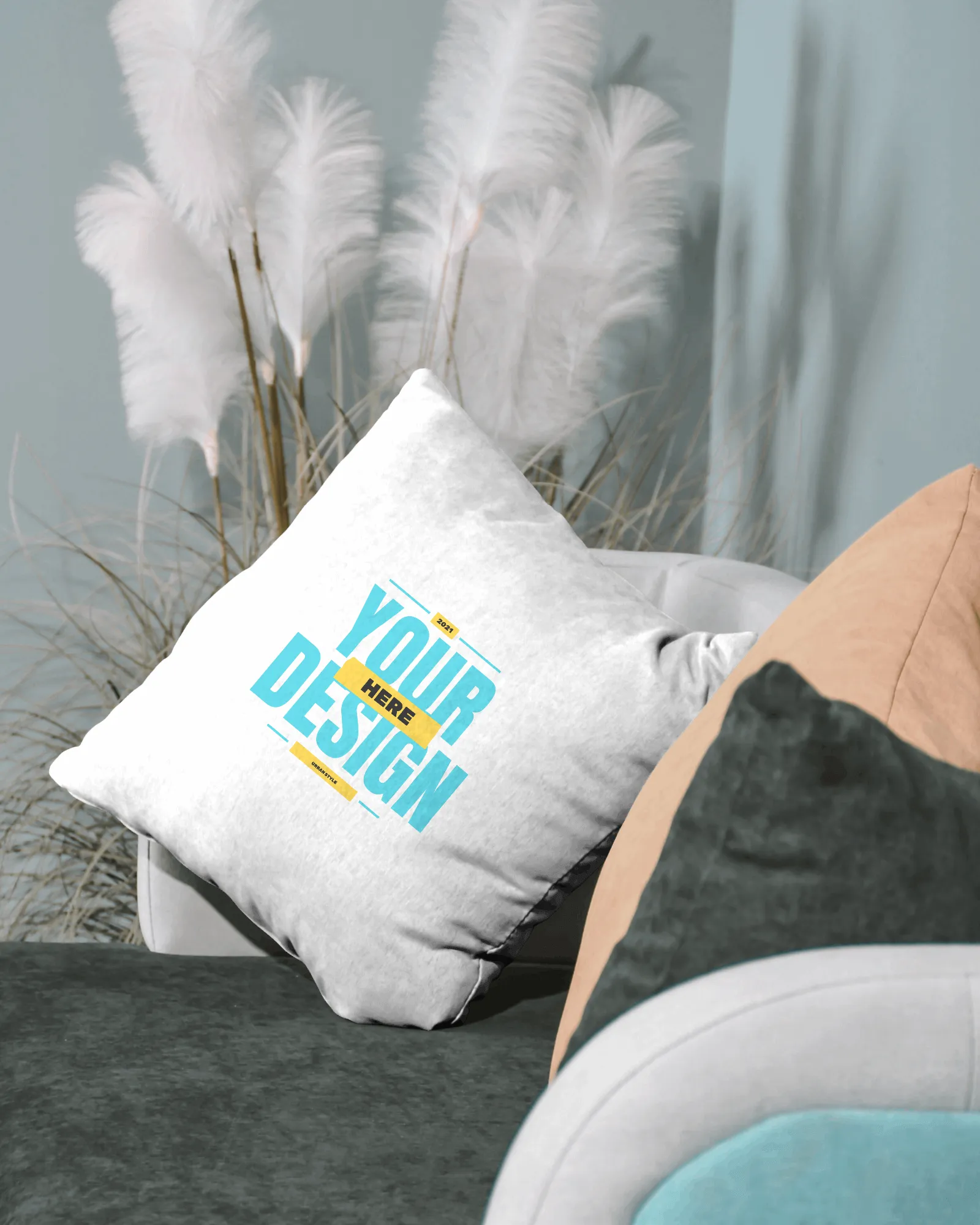 pillow mockup stands in the corner of the bed.