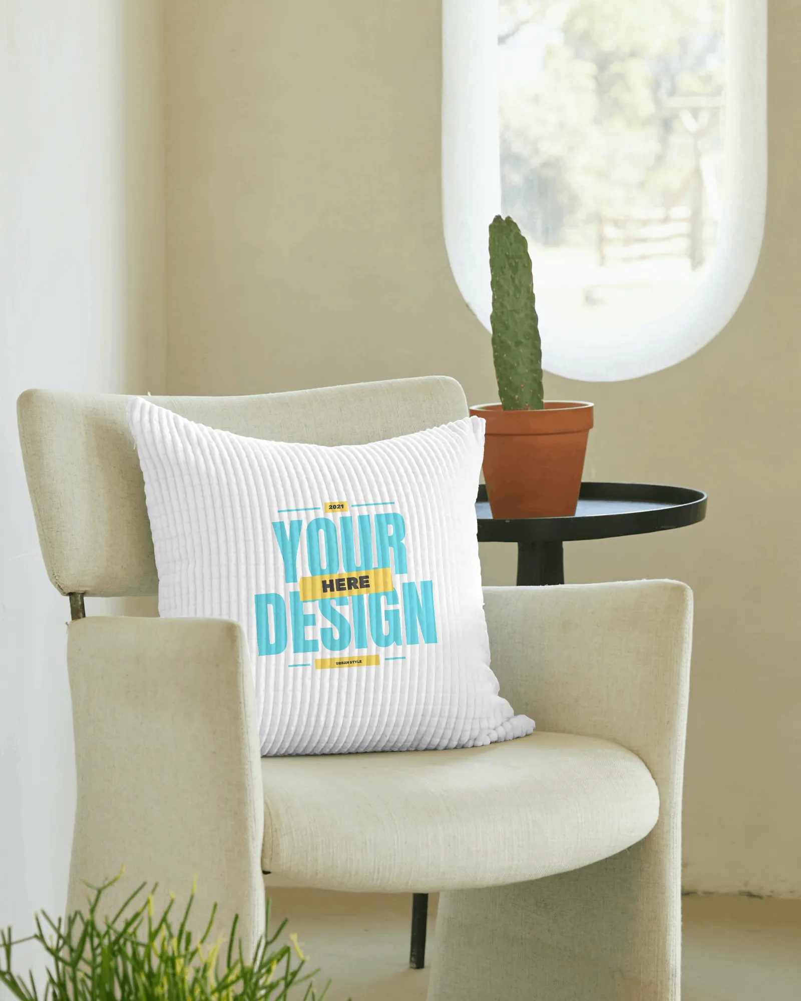cushion mockup stand on a sofa chair