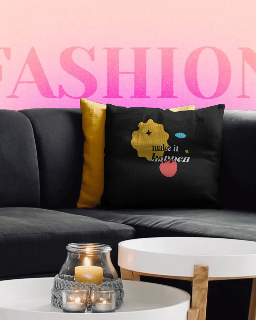 pillow mockup stands in the corner of the sofa.