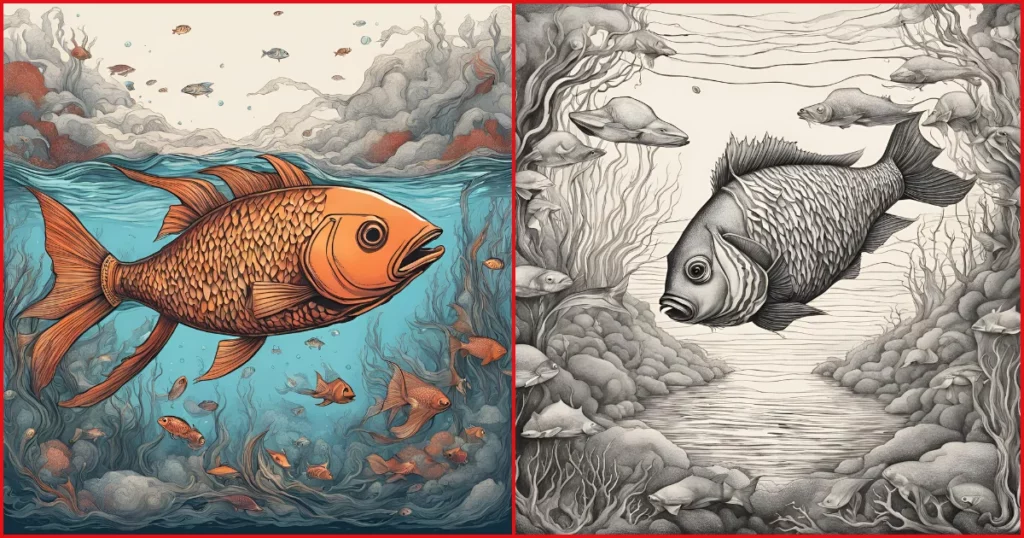 depict a fish swimming in an unusual environment random drawing prompt