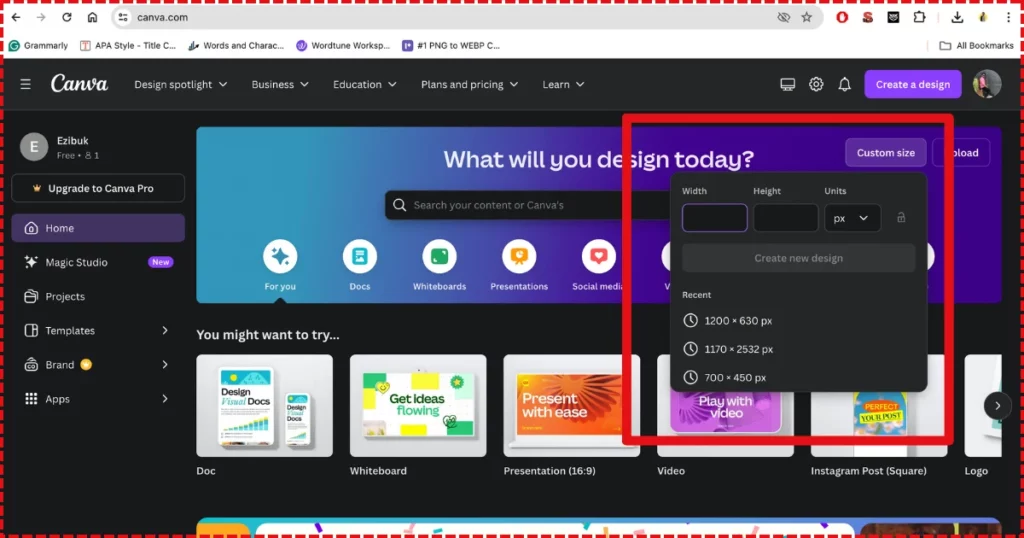 click custom size in canva