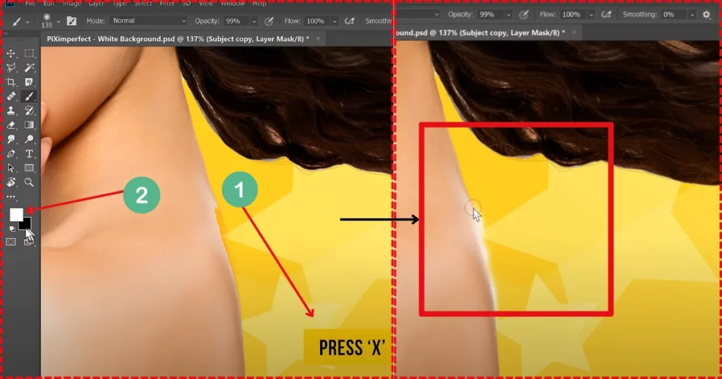 press x to switch the foreground color to white and paint back areas if needed in photoshop
