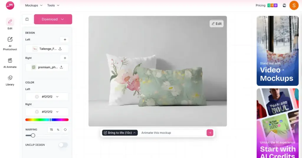 two cushion mockups in mockey ai