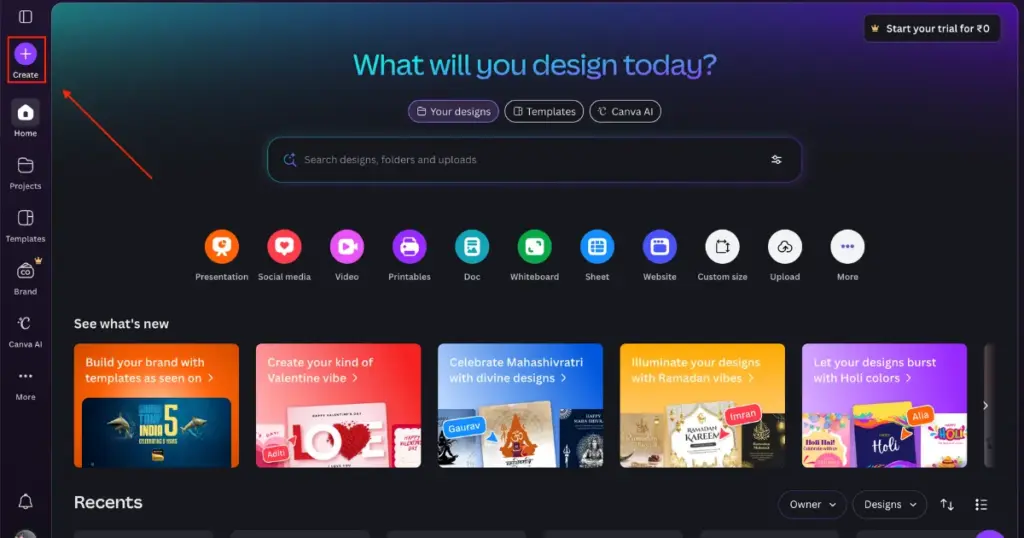click +create for custom size